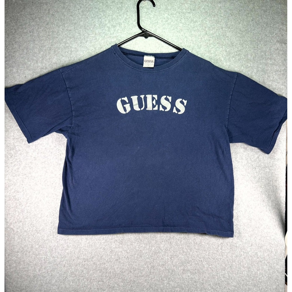 Vintage Guess T Shirt Womens Medium Navy Blue Spellout Logo Crew Neck